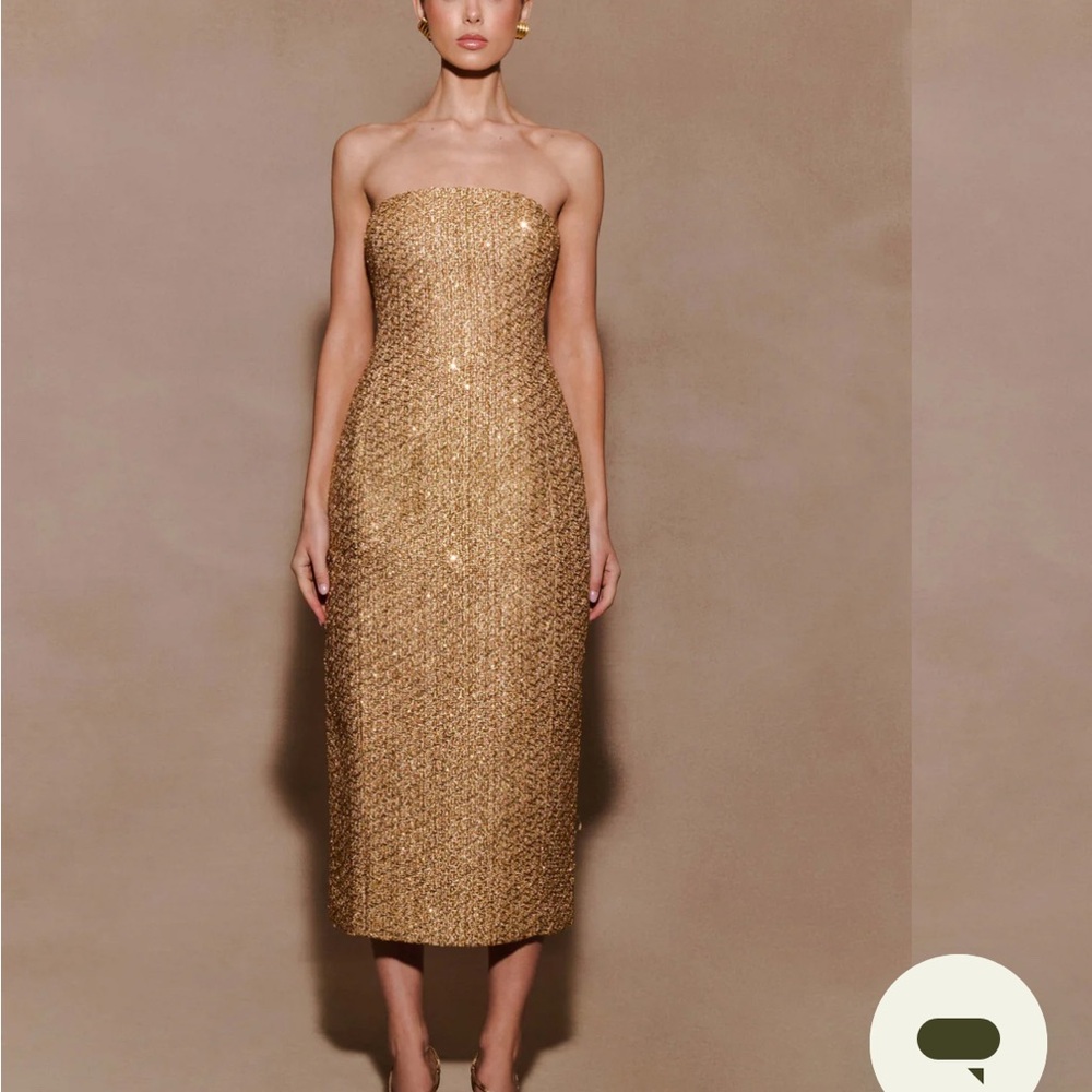 Meshki Gold Strapless Sequin Midi Dress